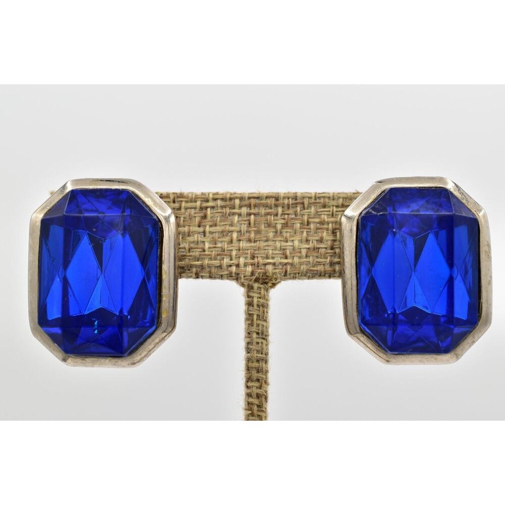 Tara Vintage Crystal Clip On Earrings Blue Lucite Rhinestone Chunky Signed BinBB